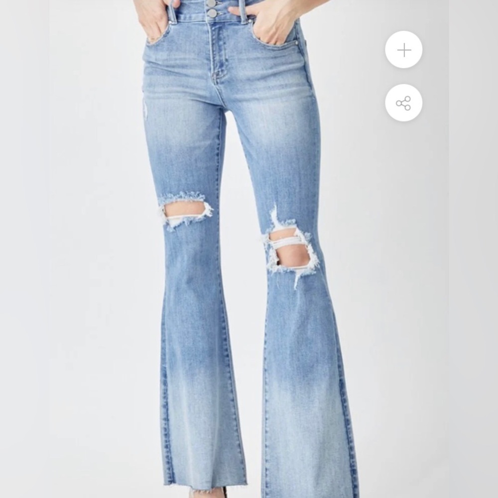 Risen jeans flare raw hem distressed knees size 11/30 RDP5239 medium light wash
